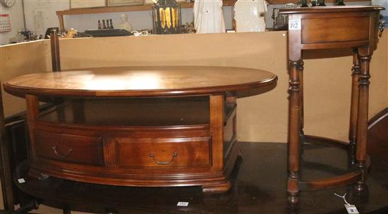 Cherrywood demi-lune side table and a similar oval coffee table with undertier(-)